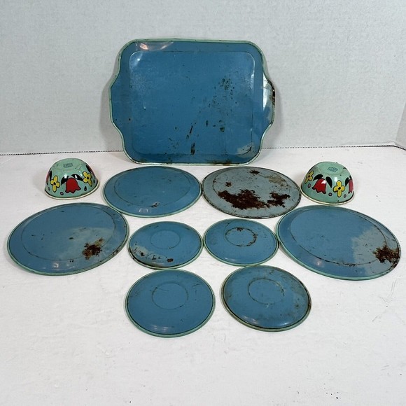 Vintage J. Chein Bunny Rabbit 1 Serving Platter, 8 Plates and 2 Cups Litho Tin - Picture 2 of 9